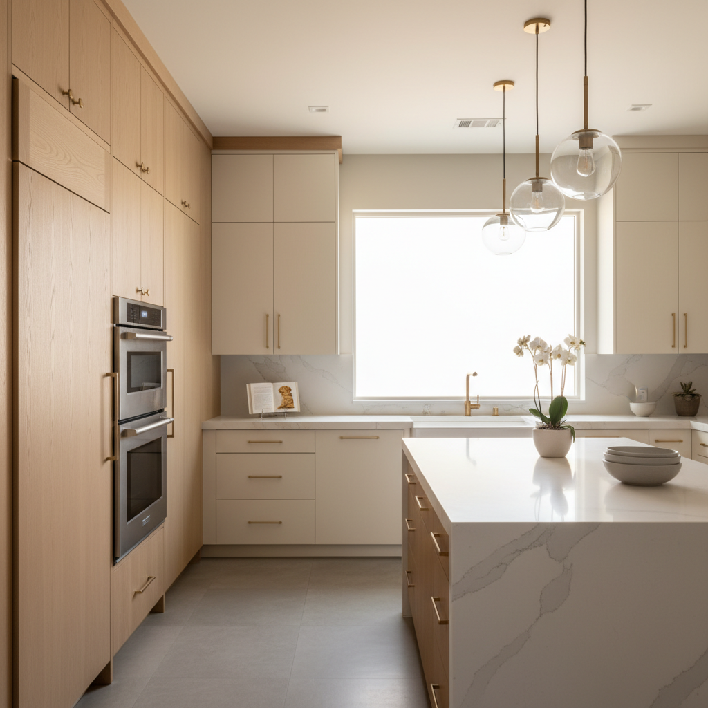Bright upscale kitchen with integrated Thermador-style appliances