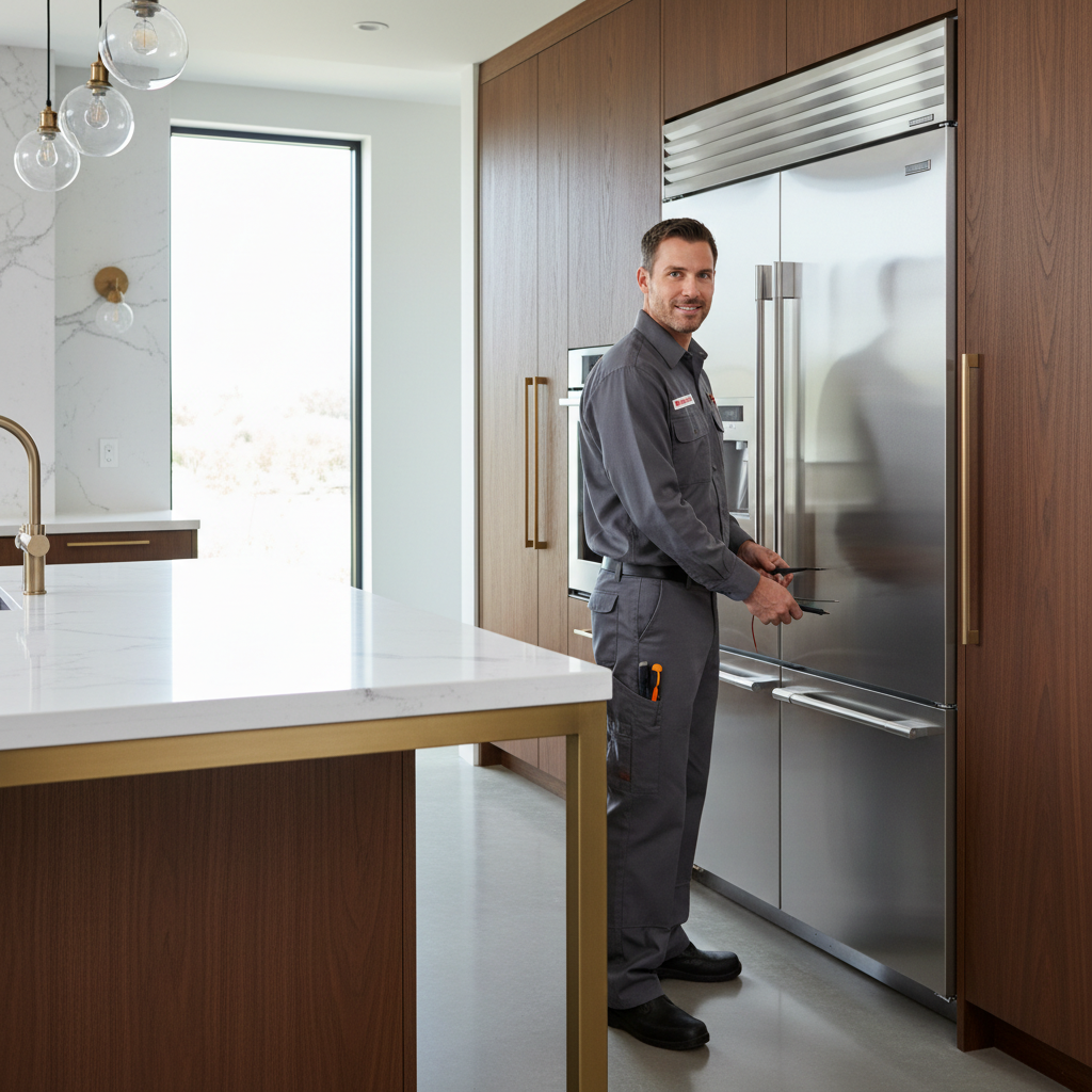 Professional appliance repair technician inspecting a built-in refrigerator